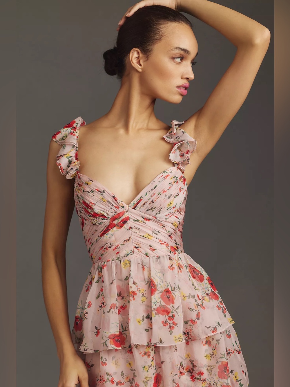Anthropologie Mac Duggal Pink Floral Tiered Ruffle Maxi Dress size 4 - Picture 3 of 15